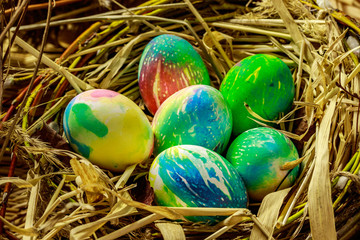Fototapeta na wymiar Lots of colorful eggs in a nest of grass and branches