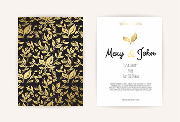 Vintage wedding invitation templates. Cover design with gold leaves ornaments.
