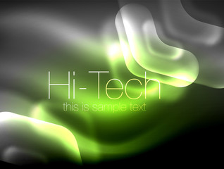 Blurred arrows in dark space. Neon pointers, glass glossy design, abstract shiny techno background, web banner