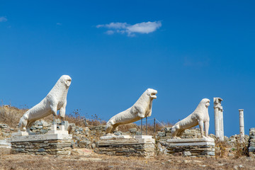 The Stone Lions on the Island of Delos, Greece Honoring Apollo Against Brilliant Blue Clear Sky