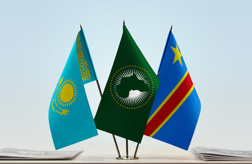 Flags of Kazakhstan African Union and Democratic Republic of the Congo (DRC, DROC, Congo-Kinshasa)