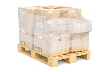 Wooden pallet with parcels wrapped in the stretch film, 3D rendering
