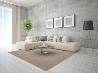 Mock up a stylish living room with beige corner sofa and hipster background.