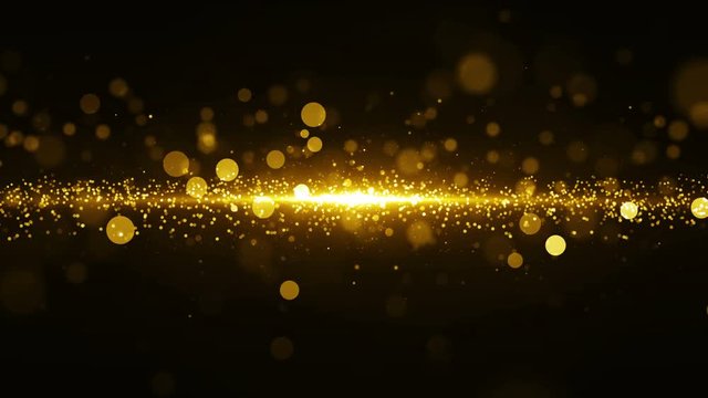 Abstract golden background with light in center and particles. Starburst with sparks, seamless loop texture.