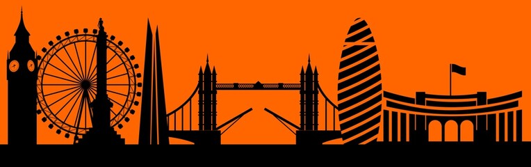 Vector city skyline silhouette - illustration,   Town in orange background,    City of London, Great Britain © dusica69