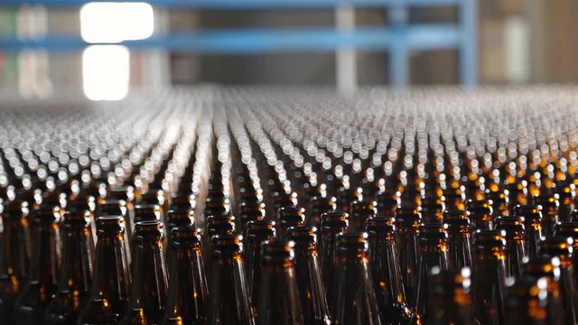 Beer bottle factory. Clean bottles are moving along the conveyor. Preparation of beer bottles for bottling and packaging. Empty brown bottles in a line in factory. Beer bottle production.