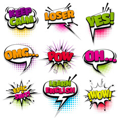 omg loser keep calm oh set hand drawn pictures effects template comics speech bubble halftone dot background pop art style. Comic dialog cloud, text pop-art. Idea conversation sketch explosion.