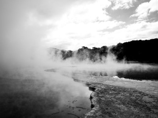 Black and White Champagne Pool in Waiotapu Thermal Reserve, Rotorua, New Zealand - Steam Rock Sun Reflection