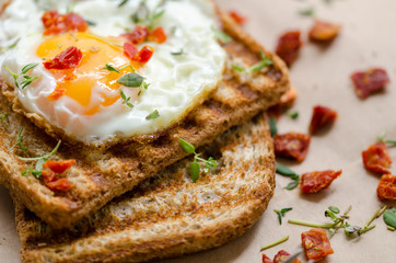Eggs and fried wholemeal bread, breakfast.