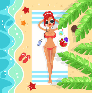 Happy smiling young woman girl character relaxing lying on the beach near sea water and listening to music drinking cocktail sunbathing. Summer time season holiday vacation concept. Vector flat