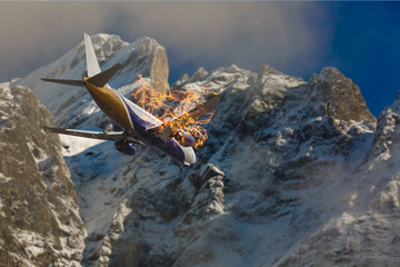 White plane with engine on fire about to crash in the landscape burning mountains