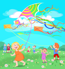 Obraz na płótnie Canvas doodle children play with kites on a clearing