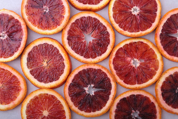 Orange fruit. Background with Orange slice isolated on white background. Top view.