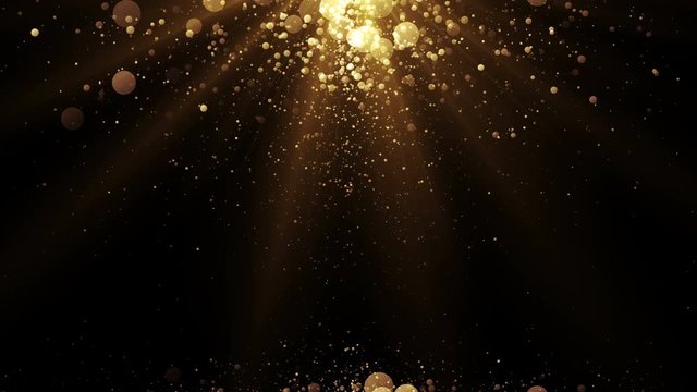 Luxury background with golden particles at the top and bottom. Glitter sparks and light. Seamless loop. Holiday video backdrop.