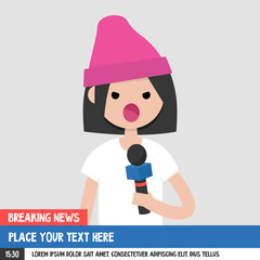Breaking news. Young female serious reporter holding a microphone. Mockup. Copy space. Flat editable vector illustration, clip art