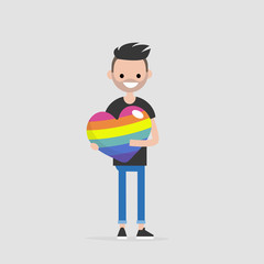 LGBTQ heart concept. Young smiling character holding a big rainbow heart. Declaration of love. Flat editable vector illustration, clip art