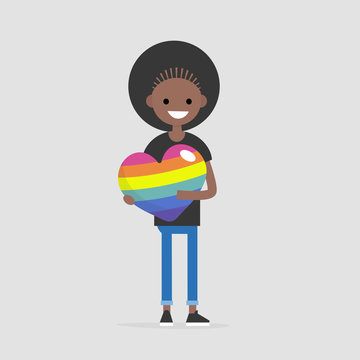 LGBTQ heart concept. Young female smiling character holding a big rainbow heart. Declaration of love. Flat editable vector illustration, clip art