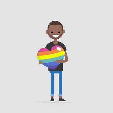 LGBTQ heart concept. Young smiling character holding a big rainbow heart. Declaration of love. Flat editable vector illustration, clip art