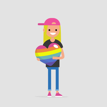LGBTQ heart concept. Young female smiling character holding a big rainbow heart. Declaration of love. Flat editable vector illustration, clip art