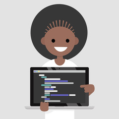 Young programmer pointing on the laptop screen. Programming code. Technology / flat editable vector illustration, clip art