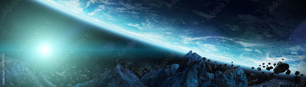 Wall mural panoramic view of planet earth with asteroids flying close 3d rendering elements of this image furni