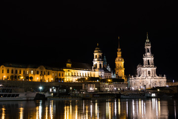 The "Frauenkirche" Church in Dresden at Night with the Elbe river in front