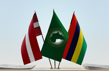 Flags of Latvia African Union and Mauritius