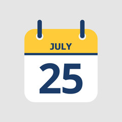 Flat icon calendar 25th of July isolated on gray background. Vector illustration.