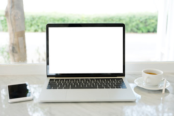 Laptop computer with blank screen for mock up template background, business technology and lifestyle background concept