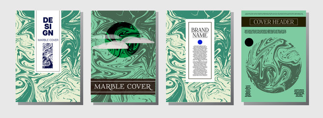 Natural, Organic Style Vector Marble Covers. Cool A4 Green, Blue Journal Background. Marble Stone Texture, Journal Template. Ebru, Suminagashi, Liquid Paint, Paper, Card, Marble Covers.
