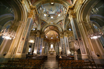 Interior and ceiling of the Sanctuary of Nostra Signora della Guardia church, near Genoa, Italy