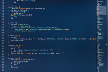 Website design. Screen of web developing javascript code. Displaying program code on computer. WWW software development. Mobile app building. Programming code abstract screen of software developer.
