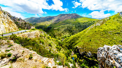 Fototapeta na wymiar Spectacular View of Detoitsriver Gorge near the highest point of Franschhoek Pass, or Lambrechts Road, which runs between the towns of Franschhoek and Villiersdorp in the Western Cape of South Africa