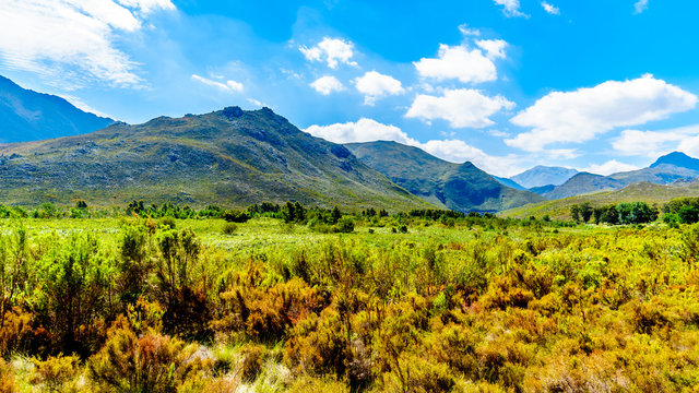 View from the southern end of the Franschhoek Pass, beside the Theewaterkloofdam, looking toward the Wemmershoek and Franschhoek Mountain ranges in the Western Cape province of South Africa