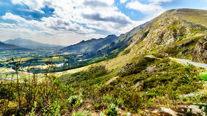Spectacular view of Franschhoek Pass, also called Lambrechts Road R45, which runs along Middagskransberg between Franschhoek and Villiersdorp in the Western Cape Province of South Africa