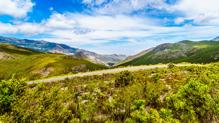 Spectacular view of Franschhoek Pass, also called Lambrechts Road R45, which runs along Middagskransberg between Franschhoek and Villiersdorp in the Western Cape Province of South Africa