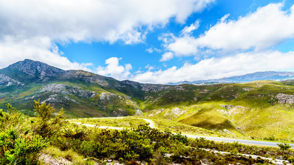 Spectacular view of Franschhoek Pass, also called Lambrechts Road R45, which runs along Middagskransberg between Franschhoek and Villiersdorp in the Western Cape Province of South Africa