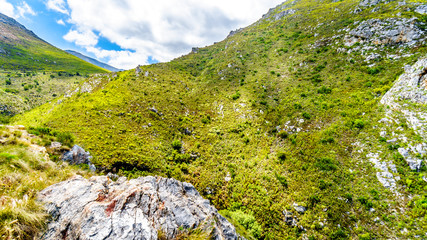 Spectacular View of Detoitsriver Gorge near the highest point of Franschhoek Pass, or Lambrechts Road, which runs between the towns of Franschhoek and Villiersdorp in the Western Cape of South Africa