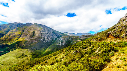 Spectacular view of Franschhoek Pass, also called Lambrechts Road R45, which runs along Middagskransberg between Franschhoek and Villiersdorp in the Western Cape Province of South Africa