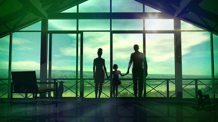 Fototapeta na wymiar Silhouettes of a happy family on the veranda