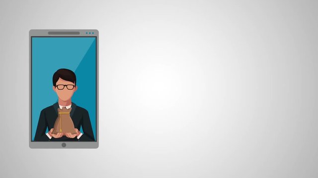 smartphone with businessman avatar and bag money animation  illustration