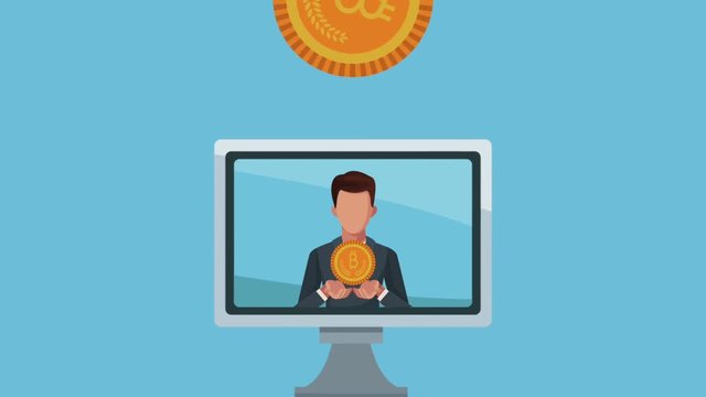 computer with businessman and bitcoin ecommerce animation  illustration design