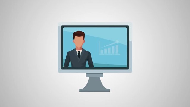computer with businessman and statistics avatar animation  illustration design