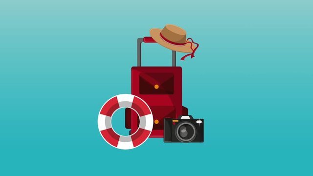 Luggage, summer hat and camera simbolizing summer and vacations High Definition colorful scenes