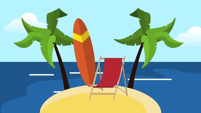Sunchair with surftable on island simbolizing summer vacations High Definition colorful scenes
