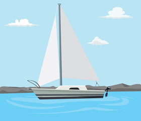 sailing boat on the blue sea with cloud and flat style