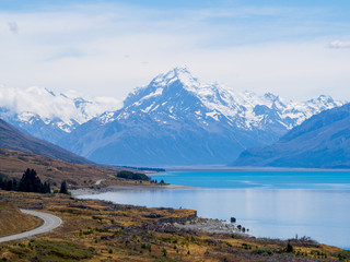 The Road to Mount Cook Over Lake Pukaki, The Highest Mountain in New Zealand and Popular Travel Destination. The Mountain is in Aoraki Mount Cook National Park in South Island, New Zealand