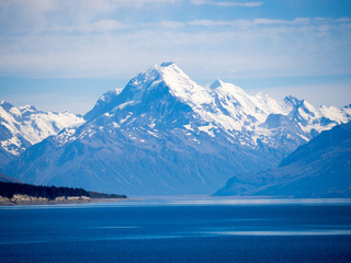 Mount Cook Landscape Over Lake Pukaki, The Highest Mountain in New Zealand and Popular Travel Destination. The Mountain is in Aoraki Mount Cook National Park in South Island, New Zealand