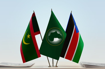  Flags of Mauritania African Union and South Sudan