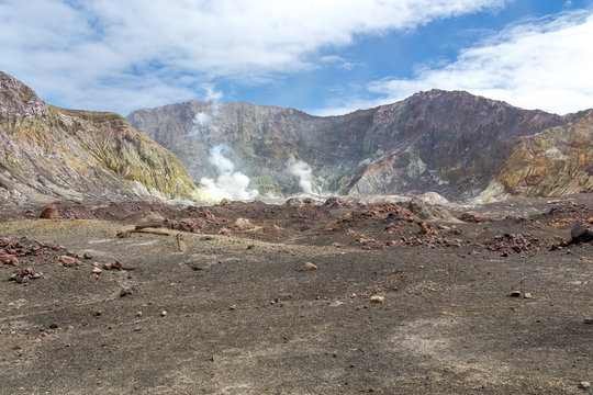Active Volcano at White Island New Zealand. Volcanic Sulfur Crater Lake